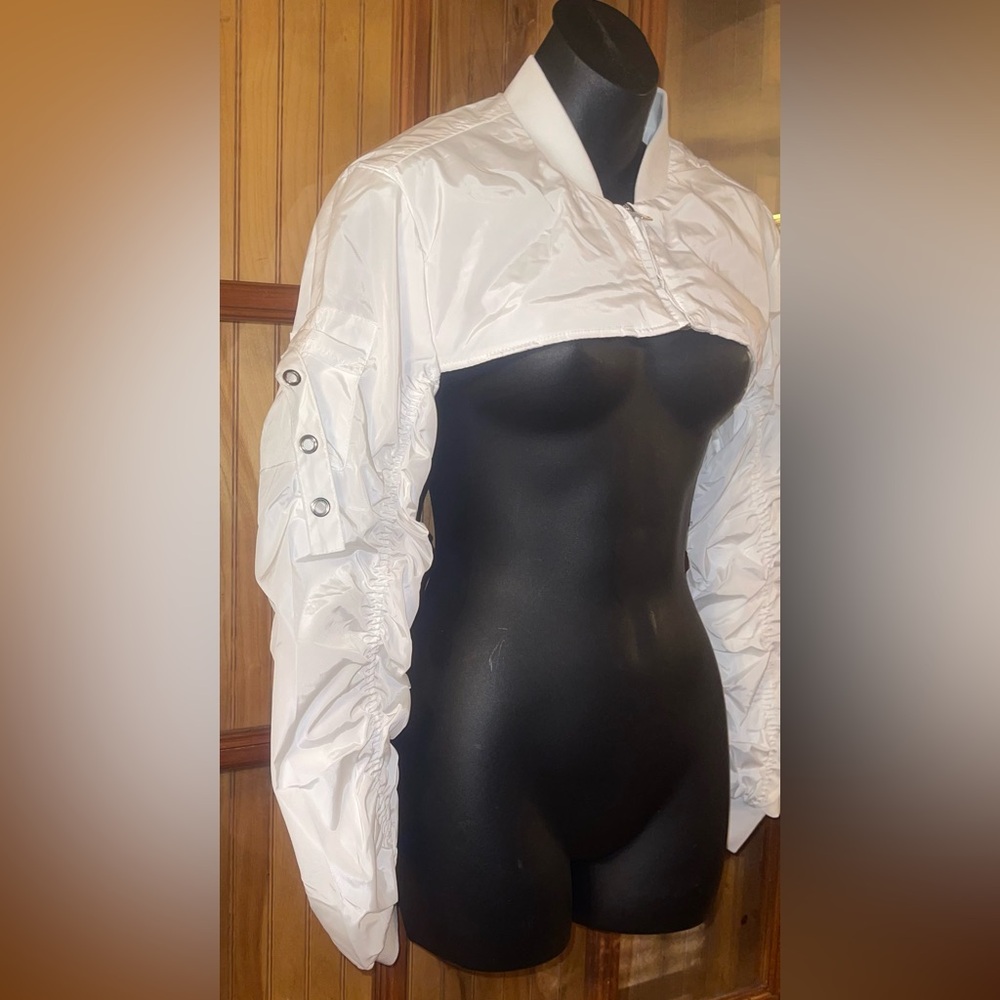 White Ruched Bomber Cropped Jacket - Picture 2 of 5